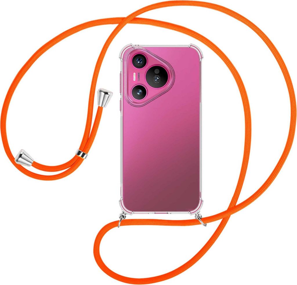 Handykette Backcover-Schutzhülle mit Band (Metall silberfarben) für Huawei Pura 70 - neonorange