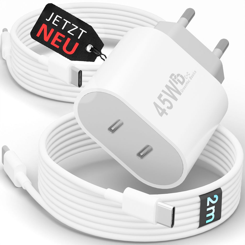 45W USB-C Schnellladegerät Charger mit GaN-Technologie für Handy, iPhone, Samsung S21-S25, Tablet, iPad Dual Port PD - Ladegerät + 2x 2m Kabel