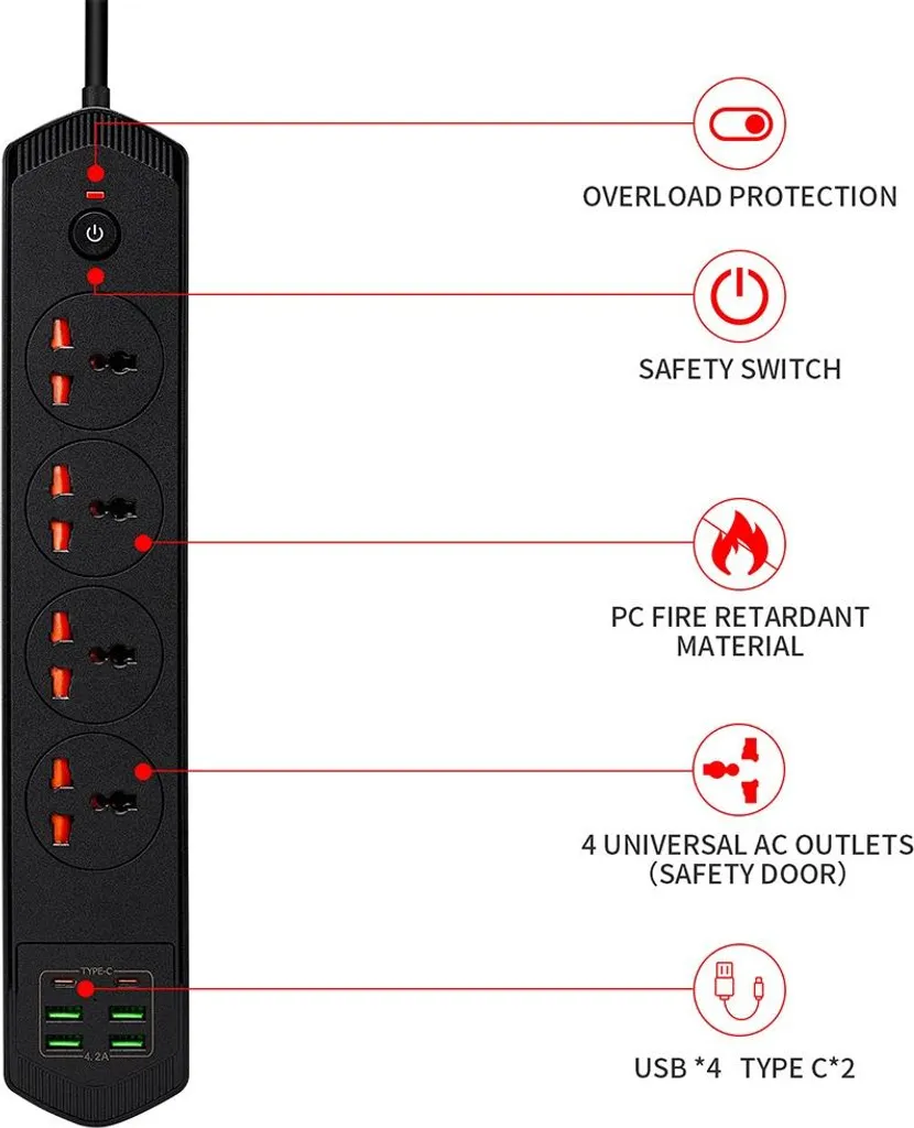 Multiprise Universelle INF 4 Prises EU, 4 USB-A et 2 USB-C avec Câble 2m