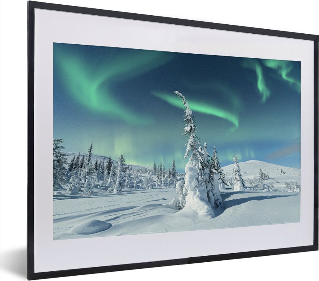MuchoWow MuchoWow Gerahmtes Poster Nordlicht - Schnee - Landschaft - Winter - Höhle 40x30 cm - Poster mit zchwarzem Bilderrahmen - Bilderrahme...