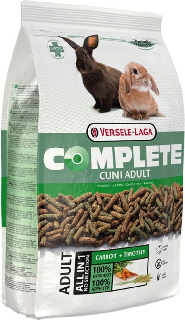 A bag of rabbit food with images of rabbits and the product.