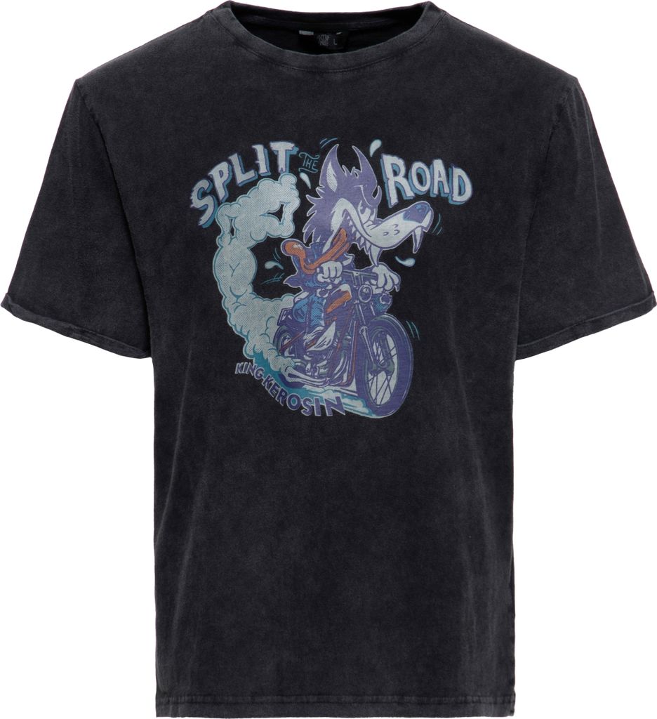 KING KEROSIN Print T-Shirt Acid Washed Split Road Schwarz S