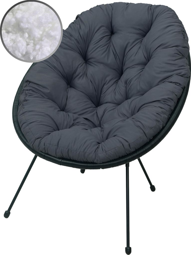 A dark gray round cushion chair with black metal legs, shown against a white background. A circular inset in the top left shows a close-up of white fluffy filling material.