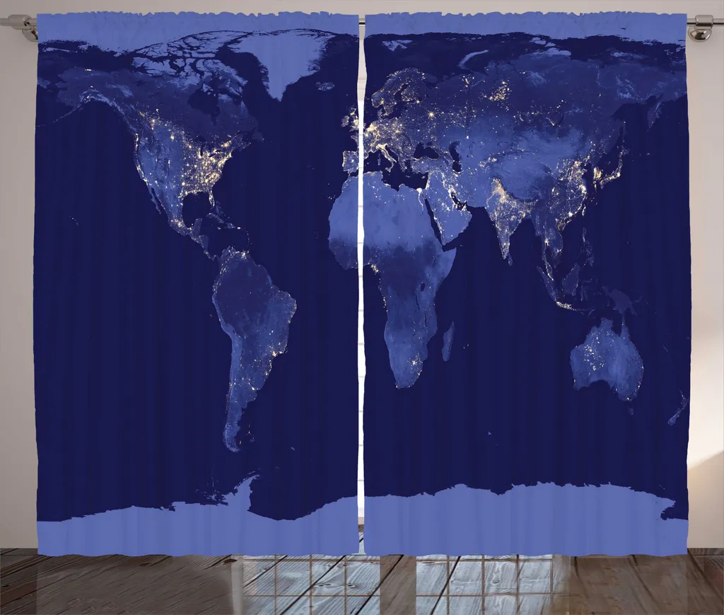 Rideau Rustique Carte du Monde Monochrome Indigo avec Crochets Inclus