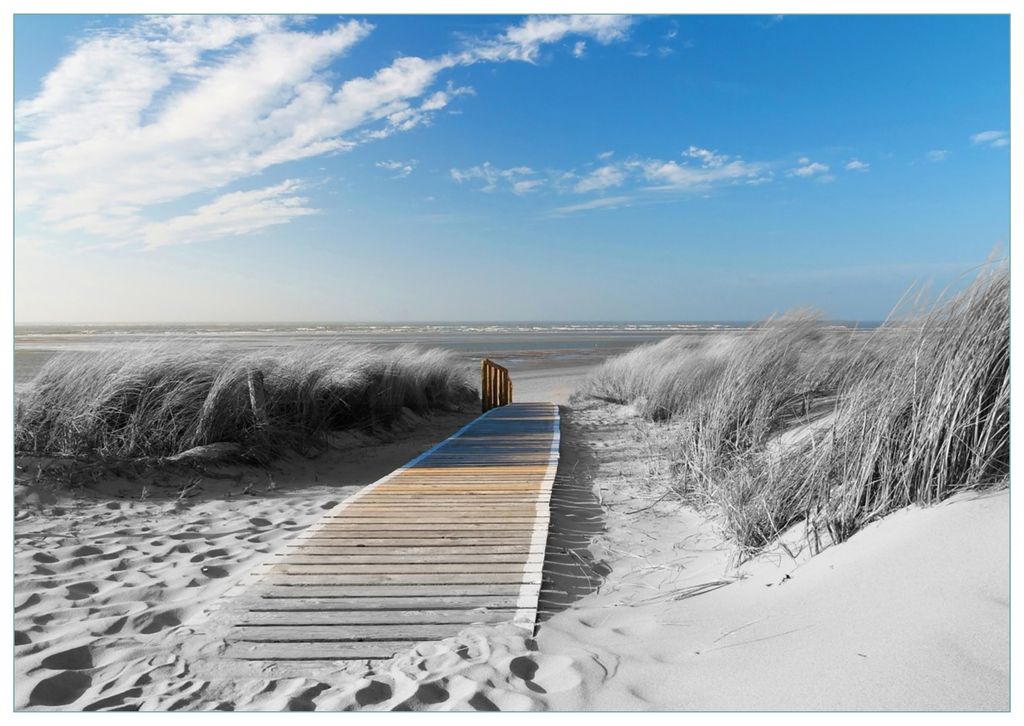 Wallario Premium Glasbild, freischwebende Optik, kräftige Farben, Größe 100 x 70 cm Motiv Auf dem Holzweg zum Strand in schwarz-weiß Optik