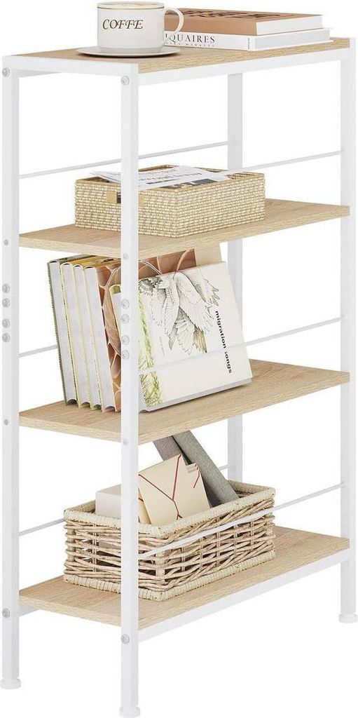 A white metal shelf unit with light oak shelves, displaying books, a mug, and baskets.