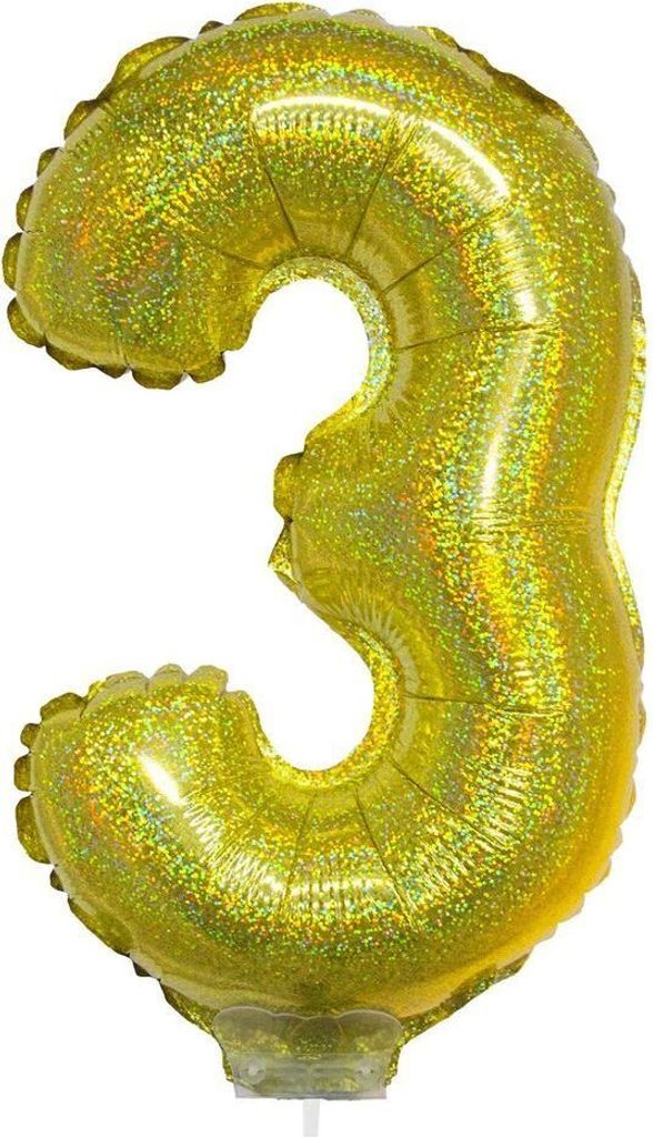 Zahlen Folienballon 41 cm mit Stab - Holografisch Gold Zahl 3