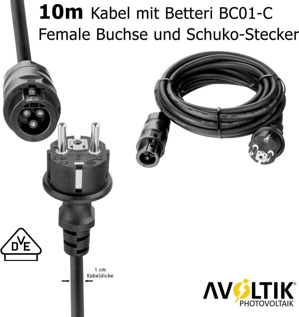 10m Kabel mit Betteri BC01 + Schuko Stecker Adapter Solar Produktbild 3