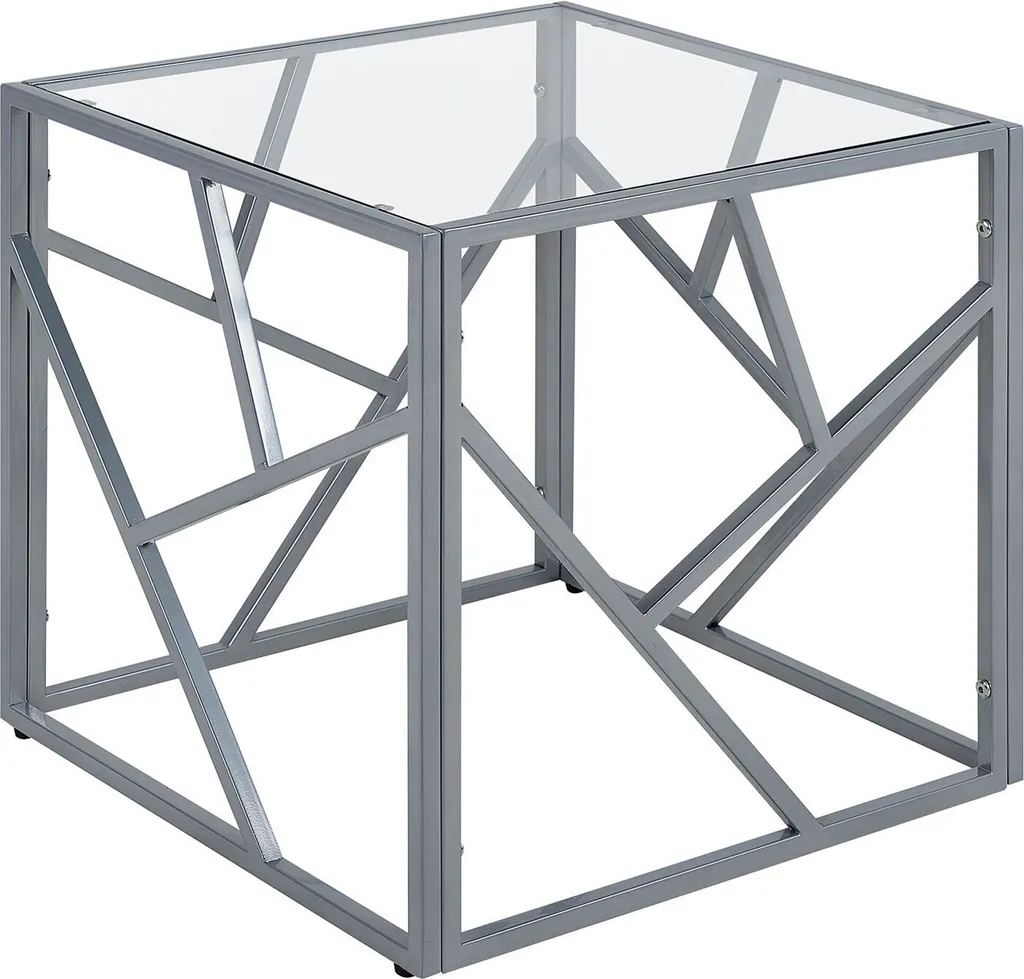 Table cubique dé en verre et métal argenté gain de place design 50 cm