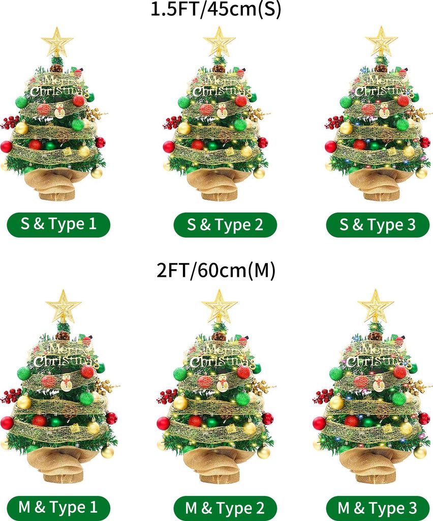2ft Tabletop Weihnachtsbaum mit Top -Stern Red Green Bugs Ribbon Mini Knstlich fr Desk Classic Series Holiday Decoration