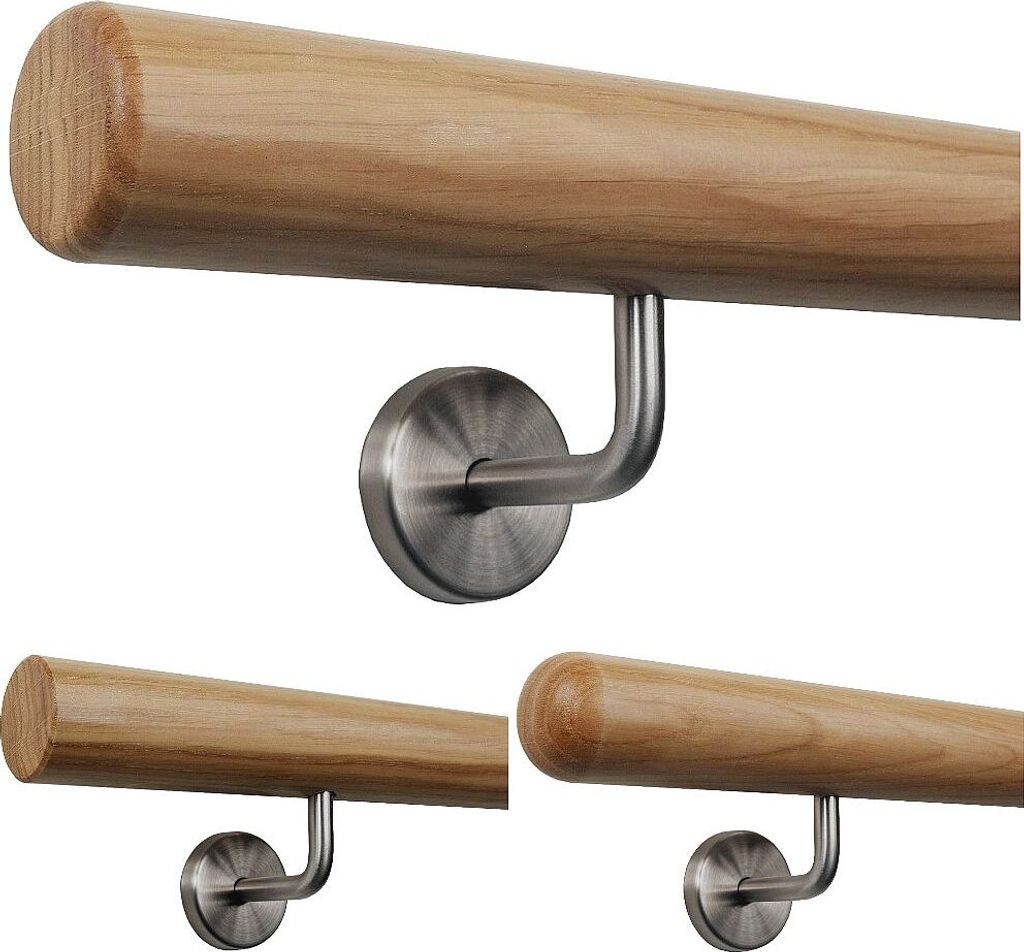 TIBU Handlauf Holz Eiche Ø 50 mm Geländer Treppe 0,3m - 5m, Länge 250 cm und Enden Radius gefräst