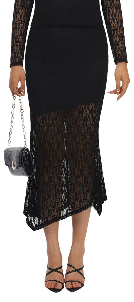 Damen Spitzen Midirock mit asymmetrischem Fischsaum, figurbetont, Größe 40