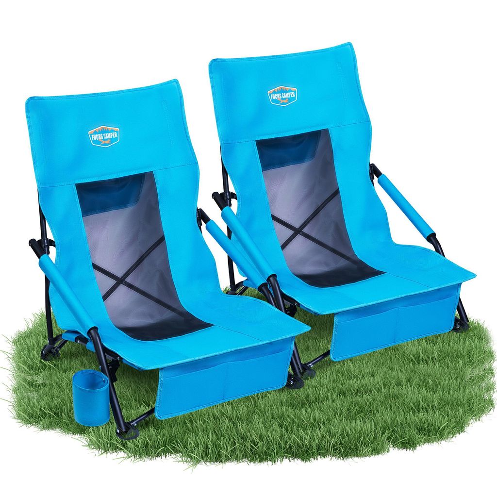 Fuchs Camper Strandstuhl klappbar – Campingstuhl mit hoher Rückenlehne & Mesh-Gewebe – Faltbarer Outdoor Stuhl mit Getränkehalter und Taschen