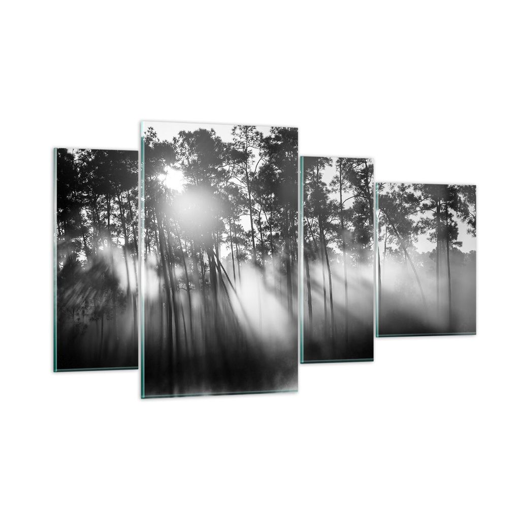 Bilder auf glas - 4 Teile - Wald Kiefer Sonne - 120x70cm - Glasbilder - Wandbilder - Bilder - zum Aufhängen bereit - Wanddekoration aus Glas - Gla...