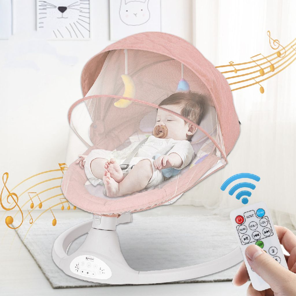 Elektrisch Babywippe Babyschaukel 5 Schaukel Geschwindigkeiten + Moskitonetz und Fernbedienung, Farbe: Pink