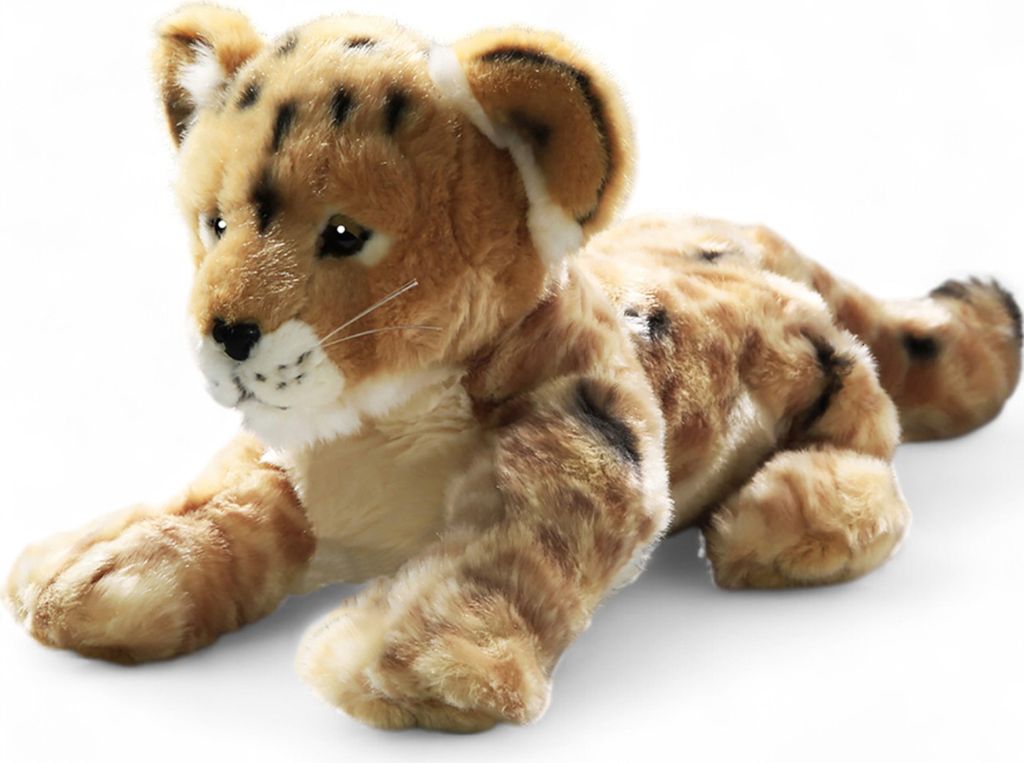 A plush toy lion cub lying down on a white background.