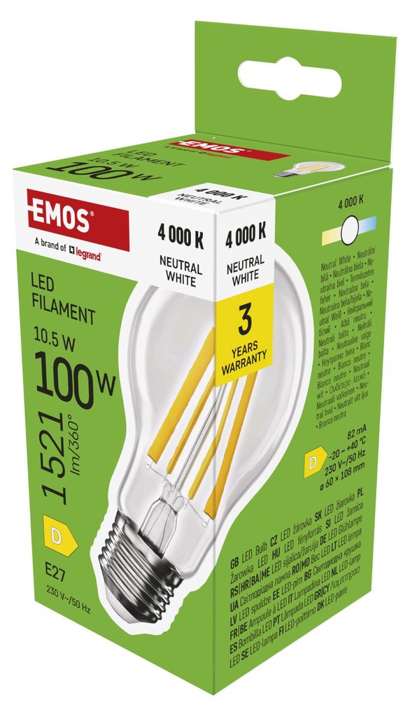 Emos Led Flm A60 10,5W(100W) 1521Lm E27 Nw Immagine del prodotto 
