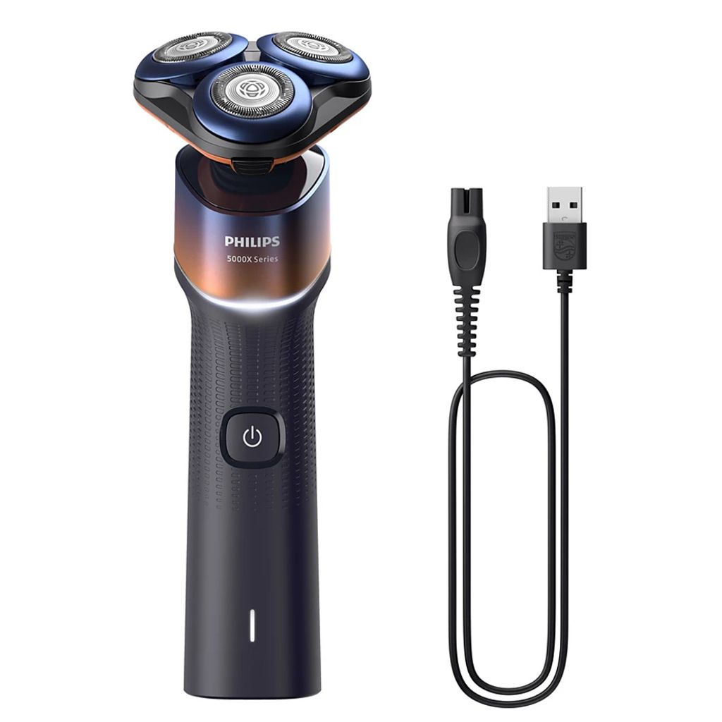 A Philips Series 5000X electric shaver and its USB charging cable are displayed against a white background.