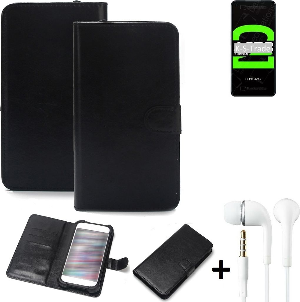 K-S-Trade Wallet Case Handyhülle kompatibel mit Oppo Ace2 Schutzhülle Flip cover Flipstyle Tasche Hülle Flipcover Slim Bumper schwarz + in ear