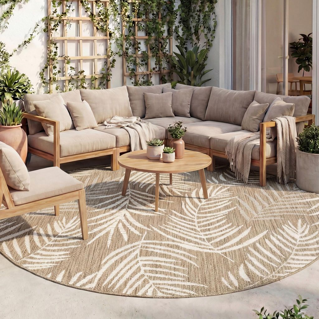 Volero - Outdoor Teppich Rund - Malta Leaves Natur - Ø 120 cm - Balkon, Garten, Terrasse, Flur - Boho, Ländlich, Skandinavisch