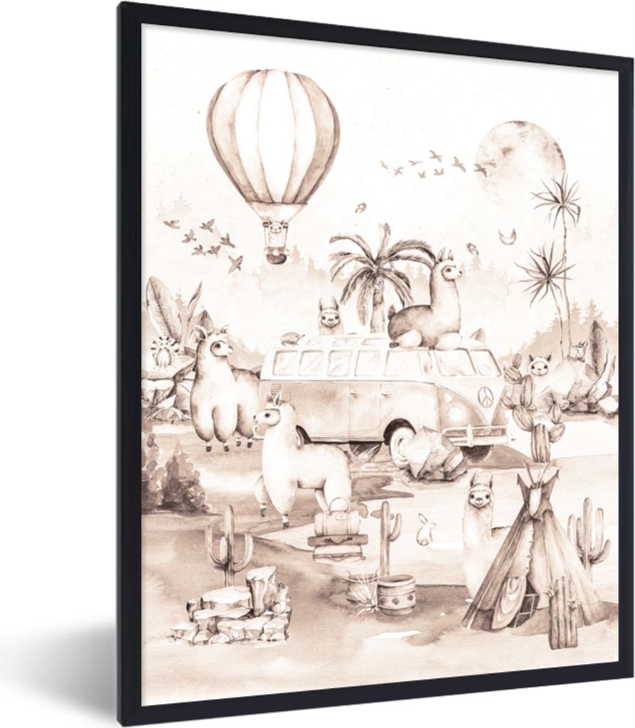 MuchoWow Gerahmtes Poster Alpaka - Heißluftballon - Kinder - Mädchen - Jungen 60x80 cm - Poster mit Schwarzem Bilderrahmen Wandposter Rahmen Fo...
