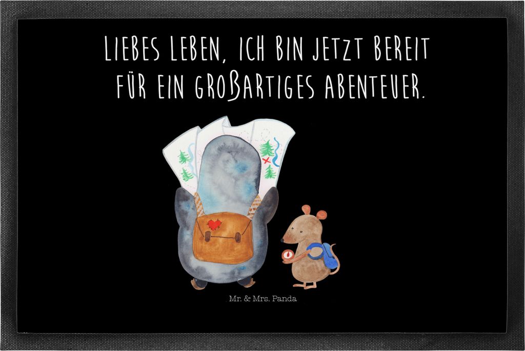 Mr. & Mrs. Panda abstreifer Pinguin & Maus Wanderer 50 x 75 cm - Schwarz - Geschenk, Fussmatte, fußmatte, Wandern, Wanderlust, Ausflug, Abenteuer,...