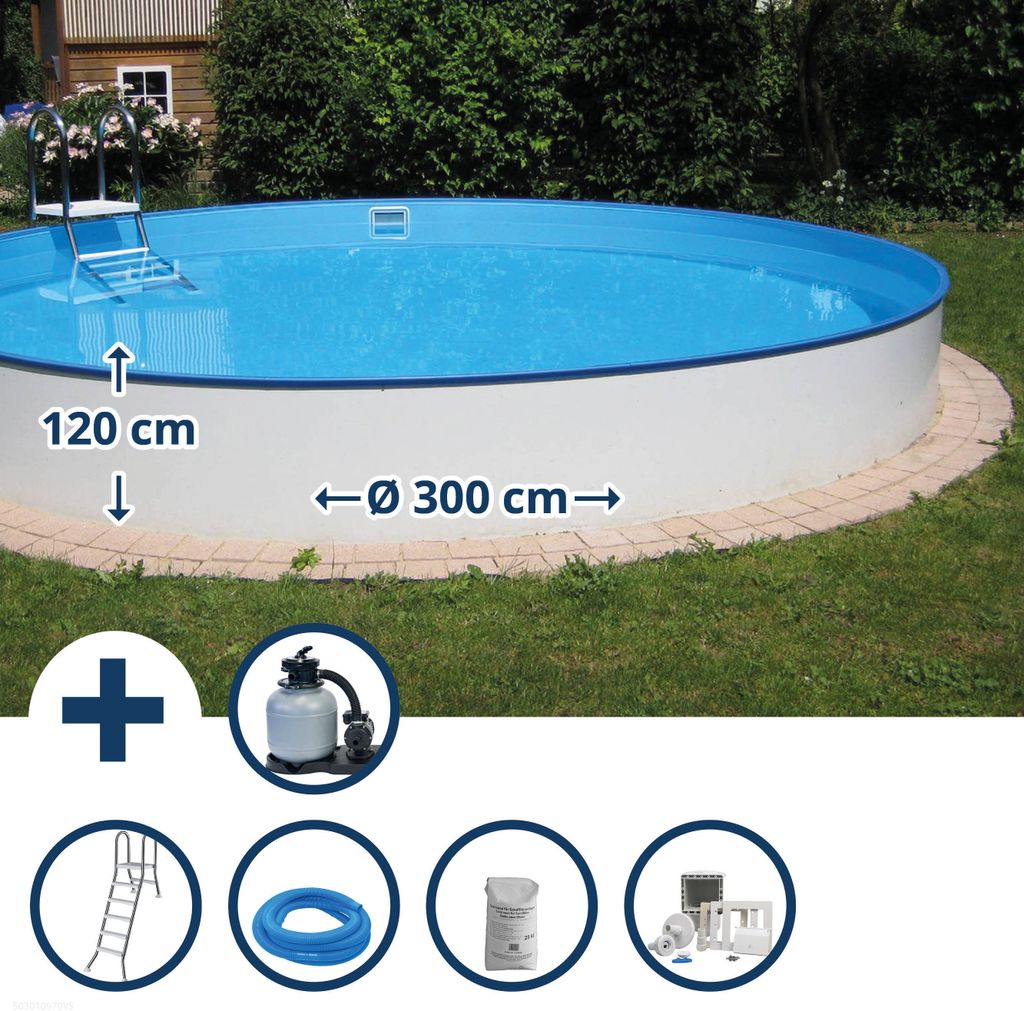 Stahlwandpool Set (7-teilig) halbhoch rund Brasilia 300x120 cm, Stahl 0,6 mm weiß Folie 0,6 mm blau