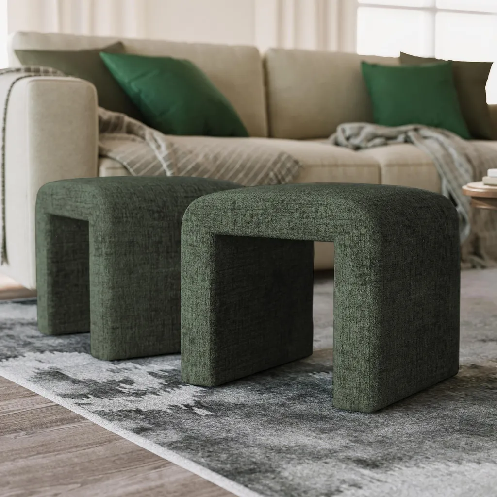 Banc d'appoint Vert Olive 54cm - Tabouret Bas Rembourré Design Leith