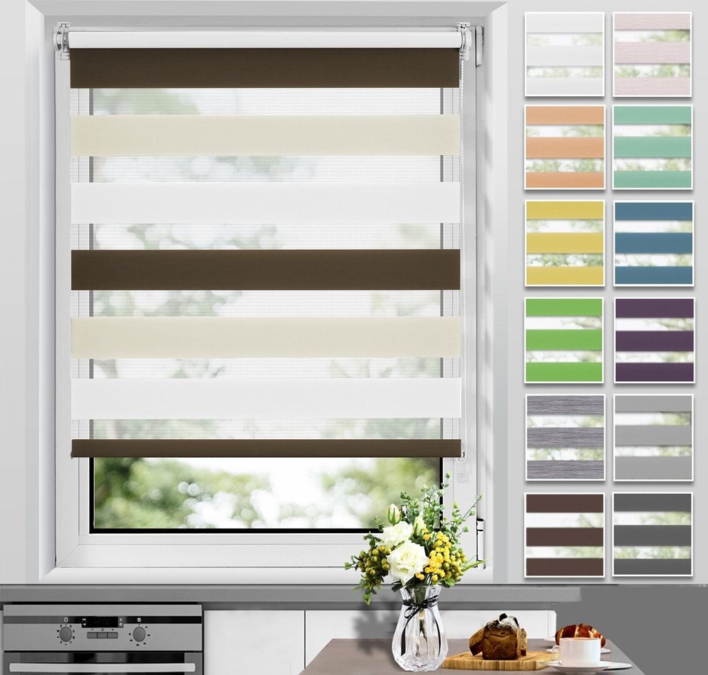 Allesin Doppelrollo Klemmfix ohne Bohren & mit Bohren Rollos für Fenster und Tür Weiß-beige-braun 110x140 cm Duo Rollo Klemmrollo Sichtschutz