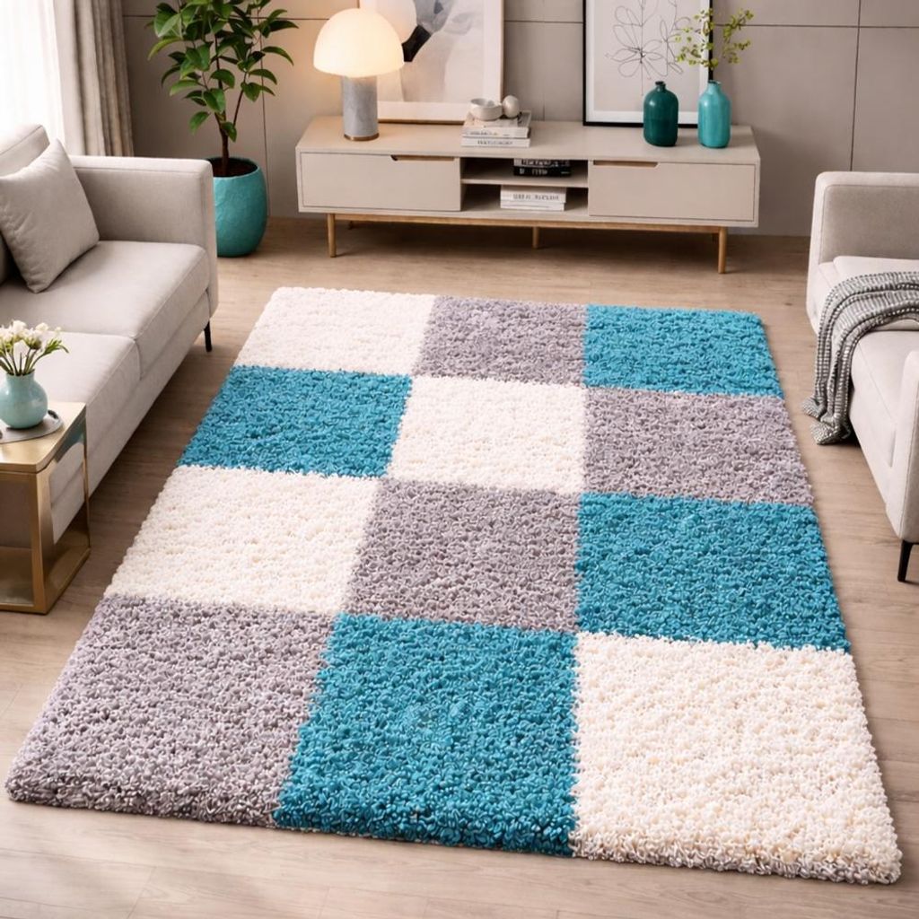 Shaggy Teppich Mehrfarbig Türkis Grau Creme für Wohnzimmer und Schlafzimmer – moderner Hochflor Teppich weich und stilvoll Größe - 120 x 170 cm