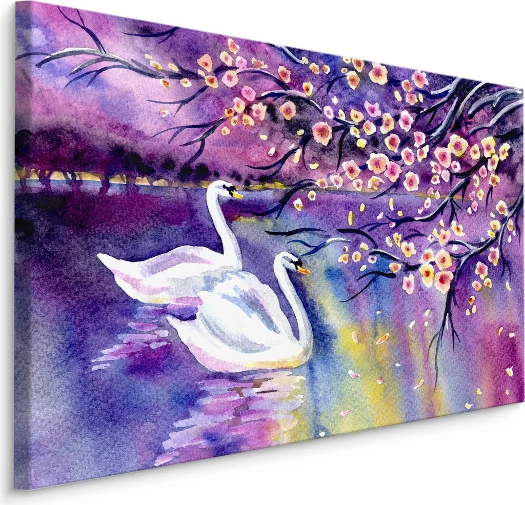 Favolosa Carta da Parati su Tela 90x60 cm - Cigni e Fiori Stampa Art