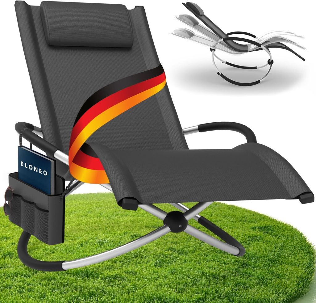 ELONEO Schaukelliege Outdoor mit Tasche, Relaxliege bis 180kg, Schaukelsessel Outdoor, Liegestuhl wetterfest, Sonnenliege, anthrazit