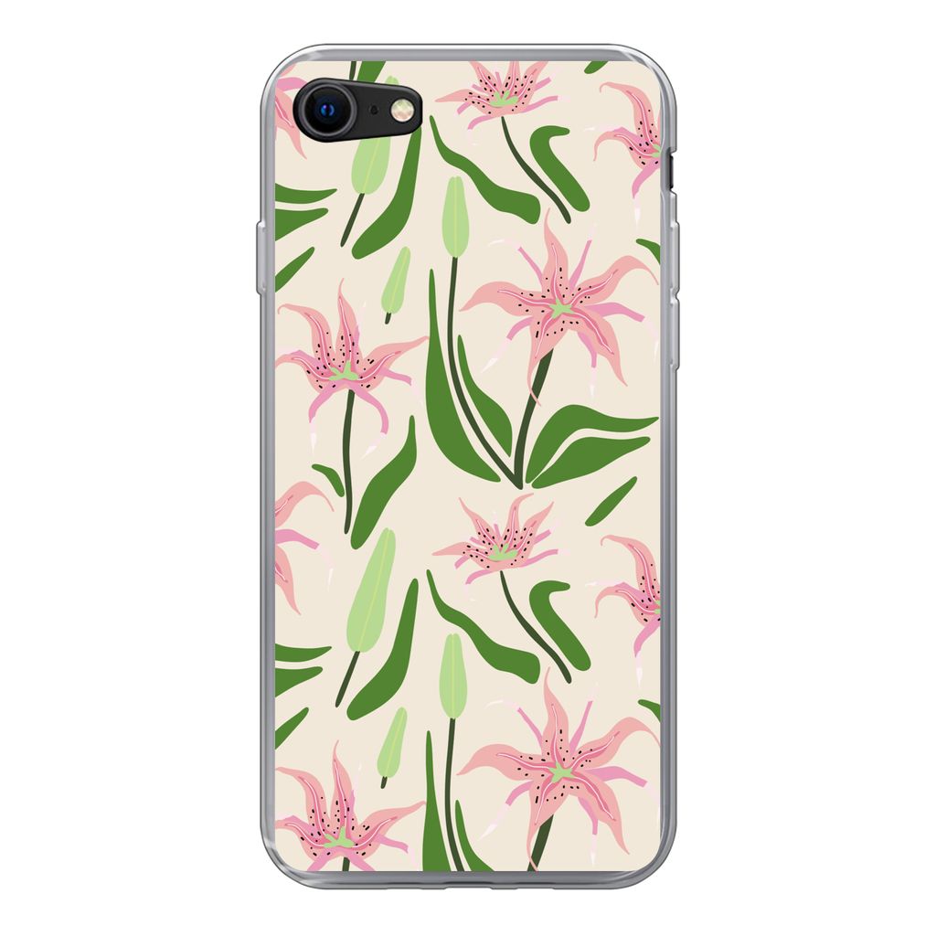 MuchoWow Handyhülle Schutzhülle Hülle für iPhone SE 2022 Blume - Rosa - Blatt Silikon Softcase Handy Hülle - Schutzhülle