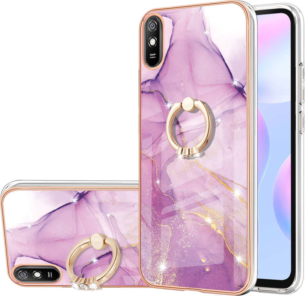 Redmi 9A Marmor Handyhülle mit 360 Grad Ring Ständer Ultra Dünn Soft TPU Bumper Anti-kratzt Schutzhülle für Xiaomi Redmi 9A Rosa