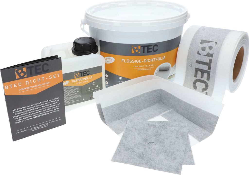 BTEC Dicht-Set 1A "Standard" zur Abdichtung von kleinen Duschnischen mit ca. 5 m² Dichtfolie Tiefengrund Grundierung Tiefgrund Flüssigfolie Abdic...