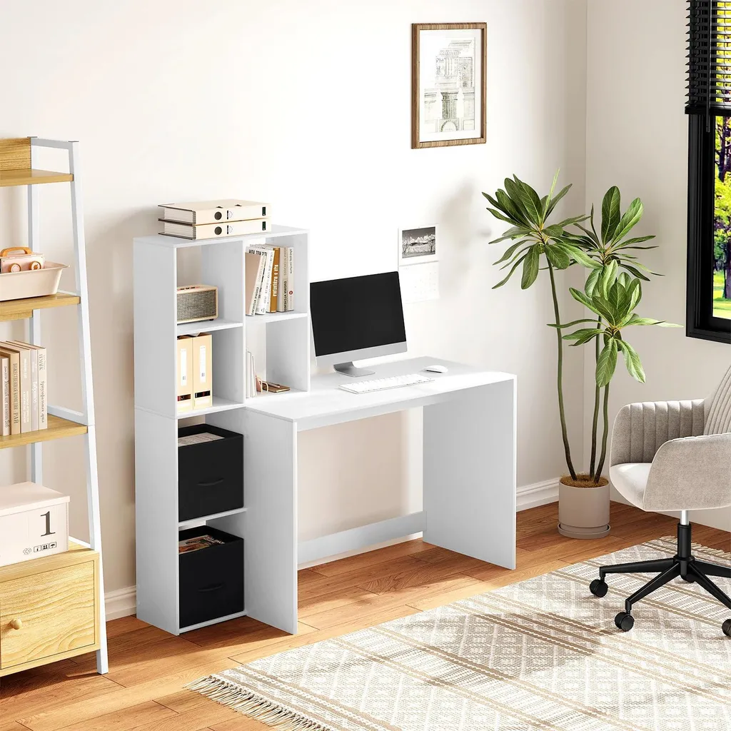 Bureau moderne 140cm blanc avec étagères de rangement - Structure boisée - 4