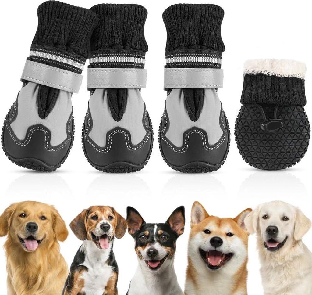 Hunde-Schuhe Pfotenschutz - 4 Stück rutschfeste wasserdichte Hundeschuhe - reflektierender Klettverschluss - Winter Schnee Hundestiefel - große m...