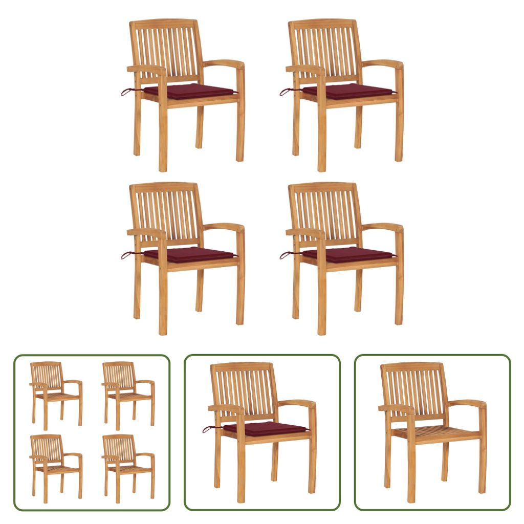 The Living Store Stapelbare Gartenstühle mit Kissen 4 Stk. Massivholz Teak