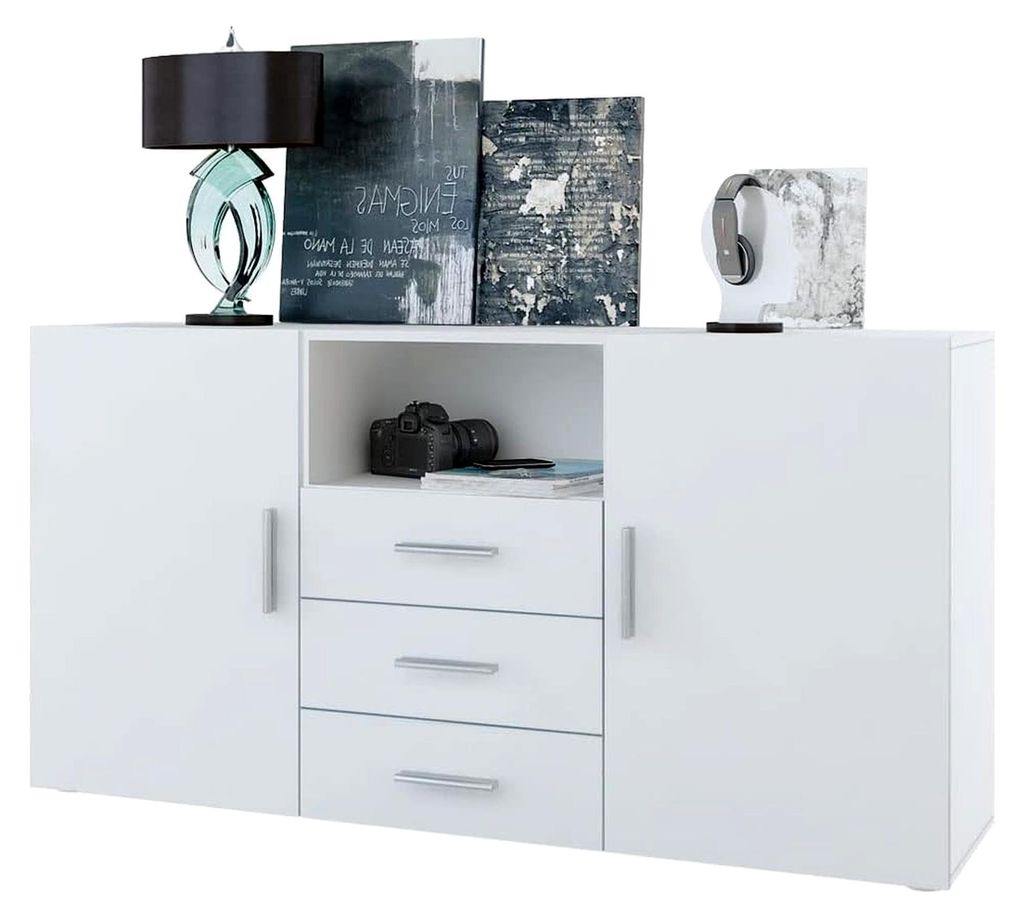 Sideboard Skadu, Kommode mit 2 Türen, 3 Schubladen und 1 offenem Fach, Weiß matt/Weiß matt (138,5 x 71,5 x 35 cm)
