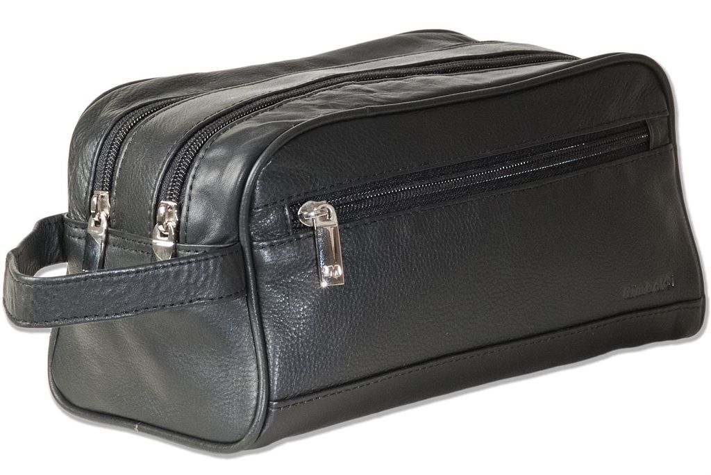 Rimbaldi Große Doppelkammer-Kulturtasche mit enorm viel Platz aus weichem, hochwertigem Rind-Nappaleder in Schwarz