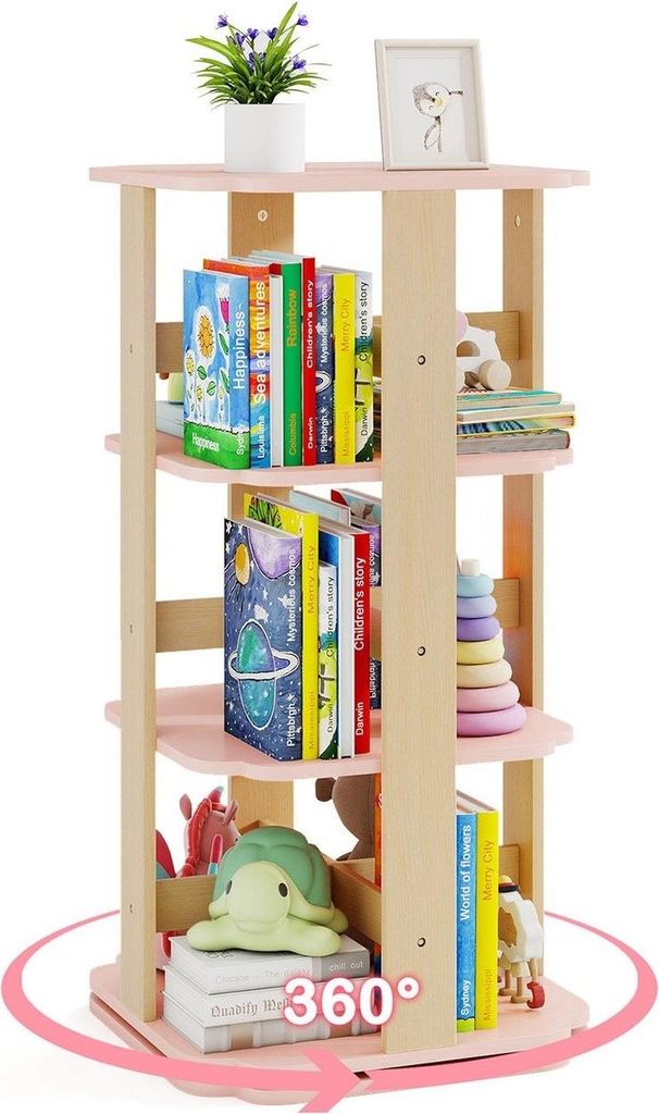 Drehbares Kinderbücherregal, 3-stufig, 12 Fächer, Rosa