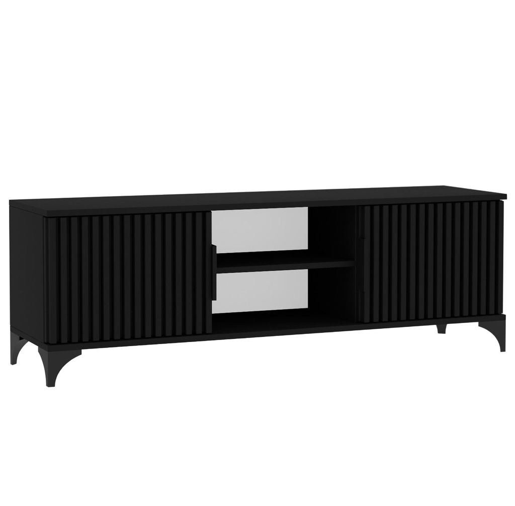 BEAUTYSOFA | TV-Schrank HOME Modernes Lowboard in Schwarz, Fernsehtisch mit 2 Türen mit Lamellen und Offenen Ablagen, mit Griffen