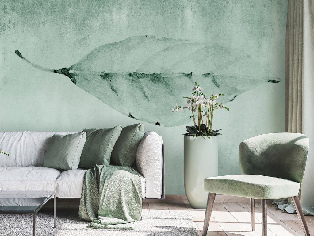 Vlies Fototapete Blatt 400x280 cm Tapeten Wandtapete XXL Betonoptik Botanik Natur grün wie gemalt b-C-10148-a-b