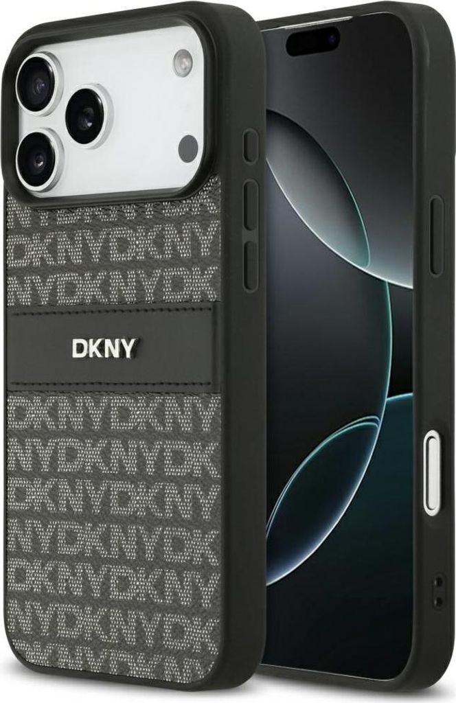Hülle iPhone 17 Pro Max DKNY Kunstleder schwarz Logo Metall silber