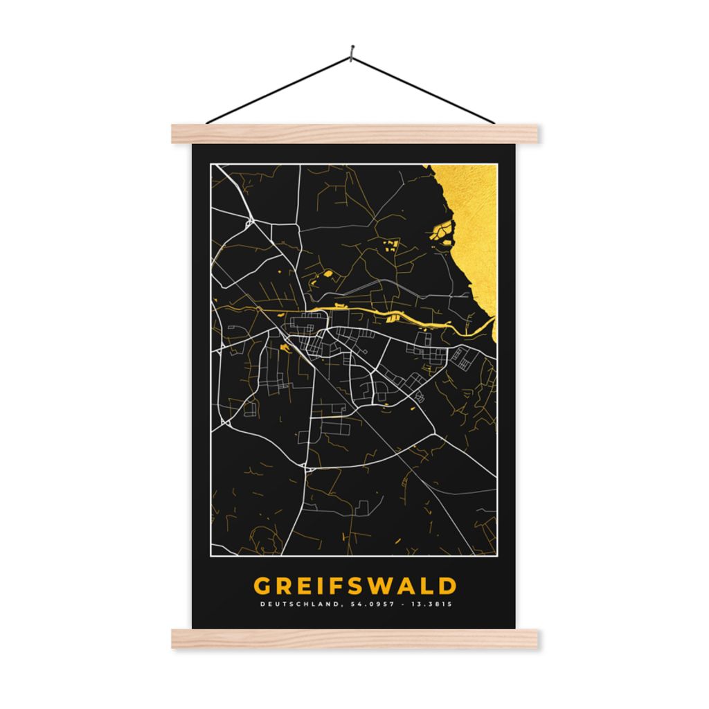 MuchoWow Textilposter Schwarz und Gold - Stadtplan - Greifswald - Deutschland - Karte 60x90 cm mit holzfarbenen Rahmen - Textil