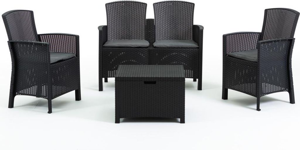 Garten-Relax-Set aus Rattanoptik-Kunstharz mit 2-Sitzer-Sofa, 2 Sesseln und Aufbewahrungstisch – leicht, einfach zu montieren und mit Kissen ausg...