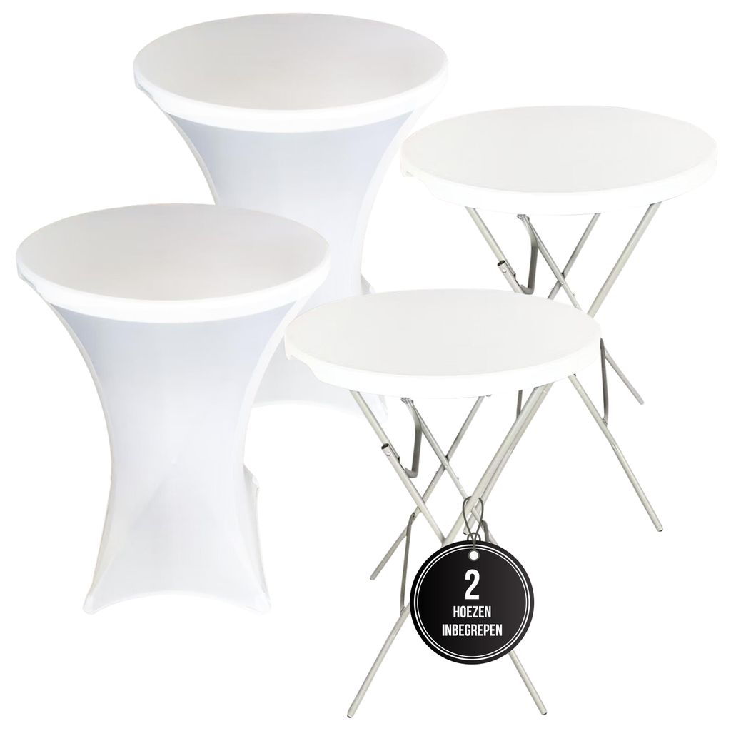 IvoQ 2er Set Stehtische Weiß – Inklusive 2 weiße Stretchhussen – Ø80 x 110 cm – Klappbar – Partytische für Feier, Garten & Event