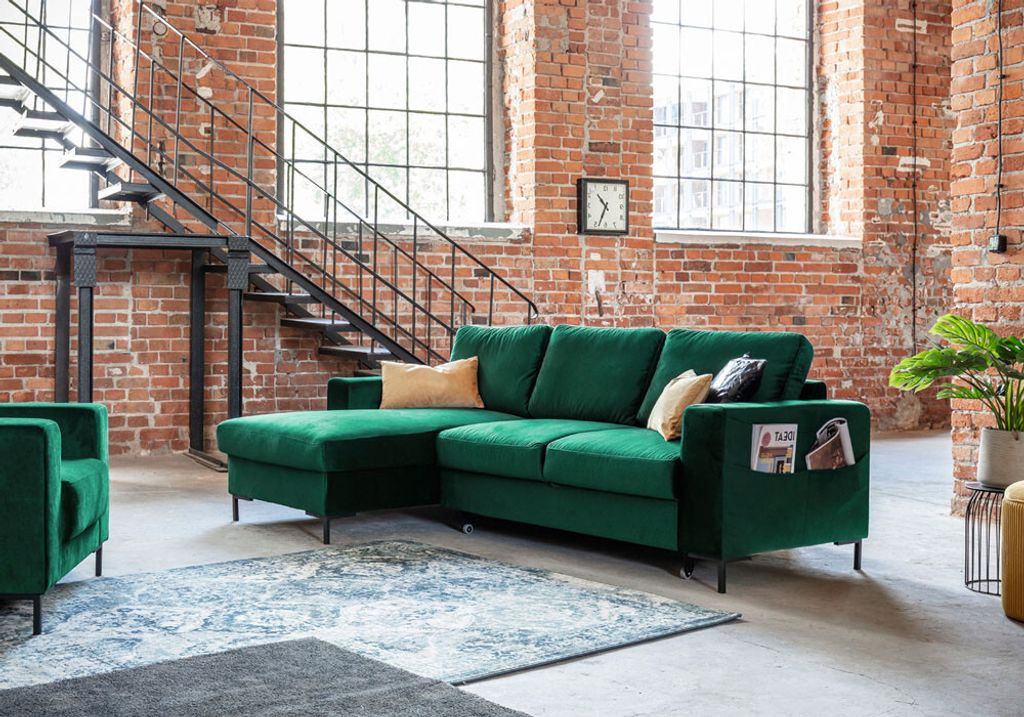 MIUFORM Lofty Lilly - Ecksofa mit Bettfunktion und Bettkasten L-FORM LINKS - 236x148cm - Velours Flaschengrün - Sofa Schlafsofa Couch