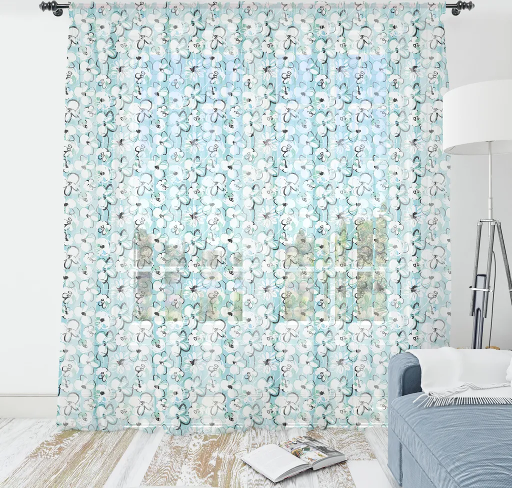 Grande Tapisserie Turquoise en Satin Soyeux Motif Floral Abstrait