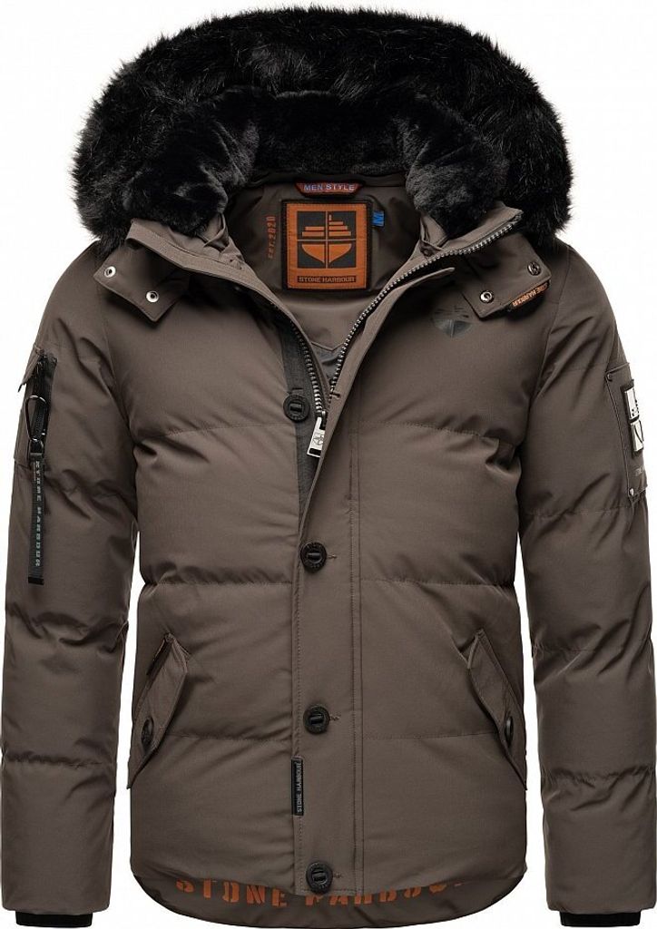 Stone Harbour Herren Winterjacke Steppjacke Parka Teddyfell warm gefüttert Kapuze Halvaar Anthrazit mit Schwarzem Fell Größe. M